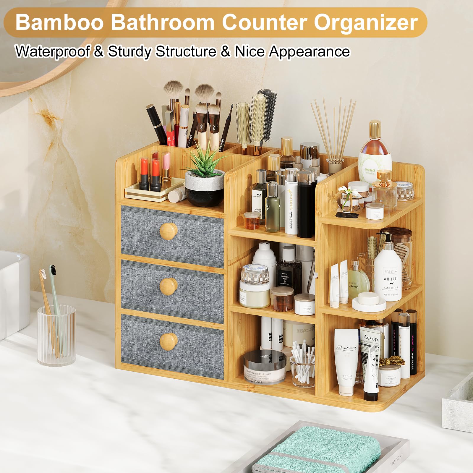 X-cosrack Large Makeup Organizer – 3-Tier Bamboo Vanity & Bathroom Storage