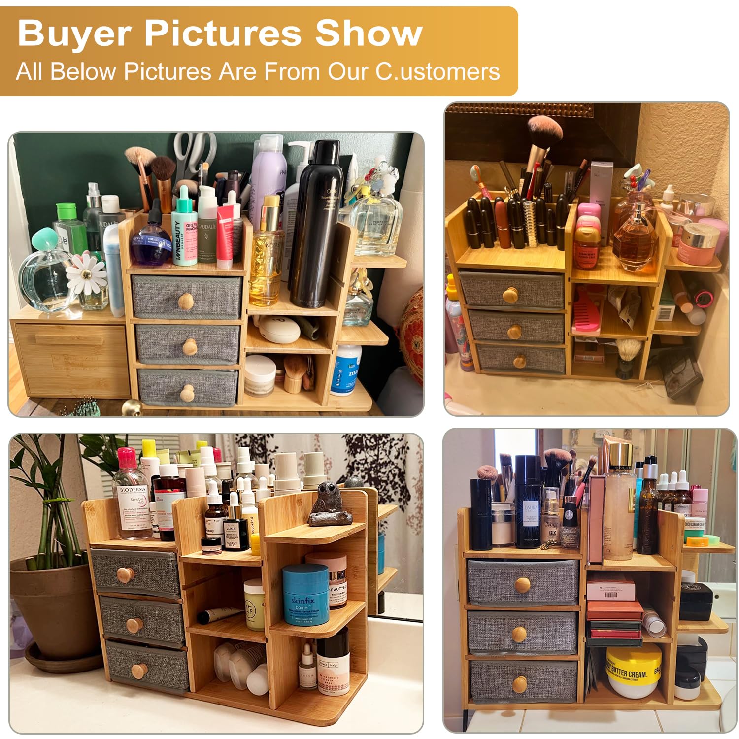 X-cosrack Large Makeup Organizer – 3-Tier Bamboo Vanity & Bathroom Storage