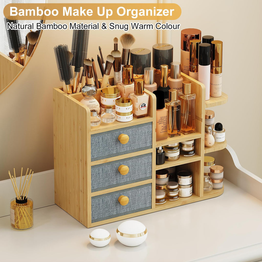 X-cosrack Large Makeup Organizer – 3-Tier Bamboo Vanity & Bathroom Storage