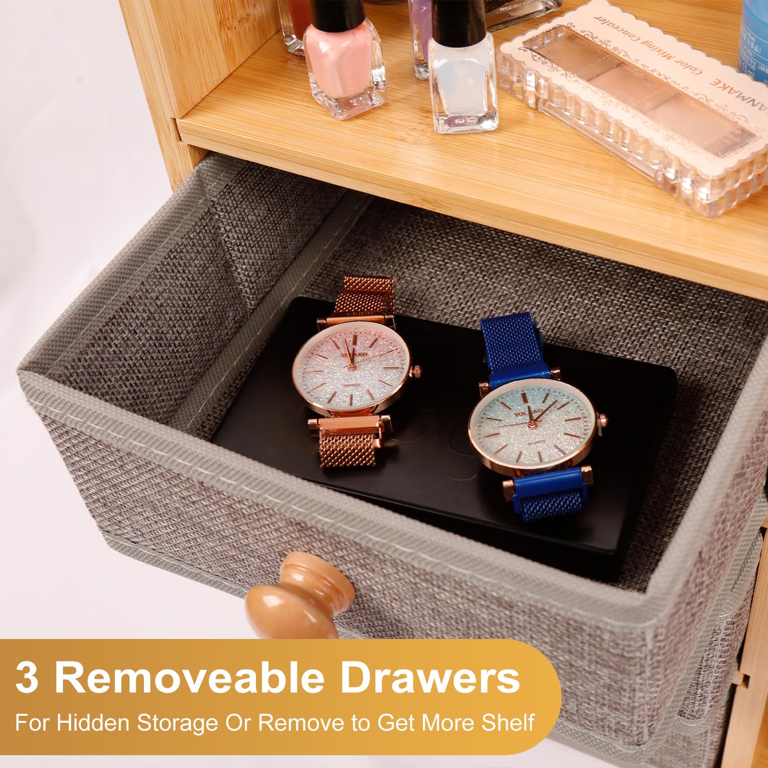 X-cosrack Large Makeup Organizer – 3-Tier Bamboo Vanity & Bathroom Storage