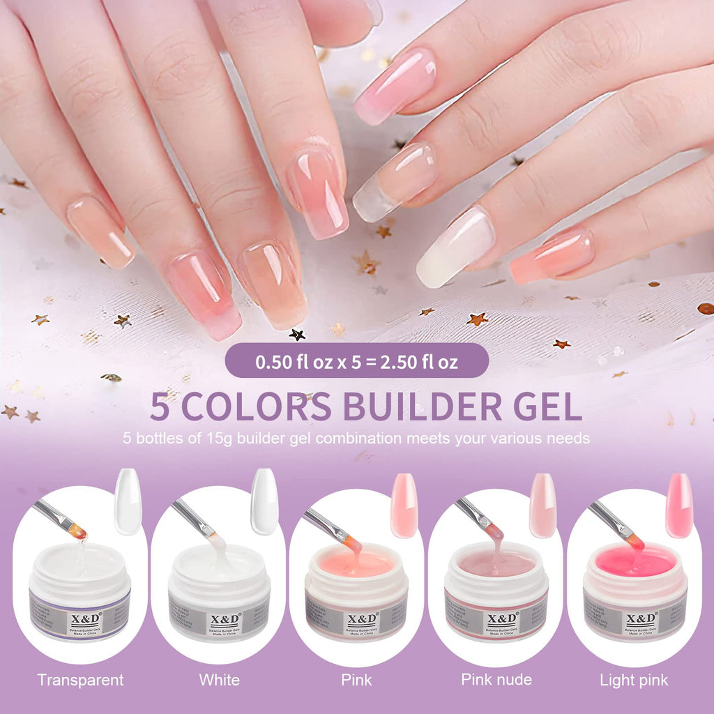 X&D Poly Gel Nail Kit: 5 Colors, Dual Forms, Brush & File Set