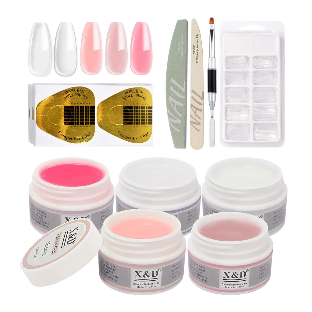 X&D Poly Gel Nail Kit: 5 Colors, Dual Forms, Brush & File Set