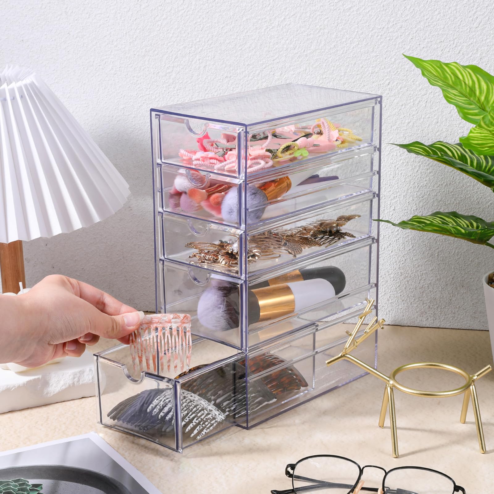 Xelsluthe 5-Drawer Clear Acrylic Hair Accessories Organizer – Spacious 25.5 x 17.5 x 10.5 cm