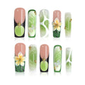 XGV 10pcs Handmade Press-On Nails – Medium Long Square Nude Pink Green with 3D Flowers