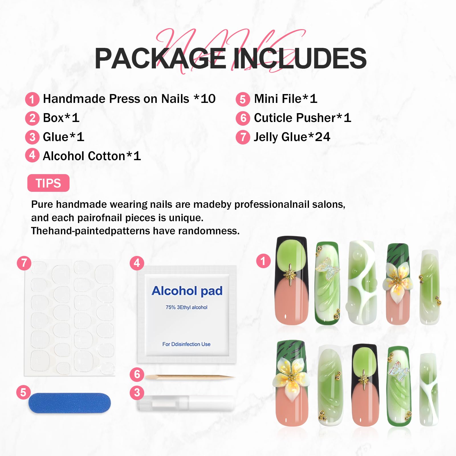 XGV 10pcs Handmade Press-On Nails – Medium Long Square Nude Pink Green with 3D Flowers