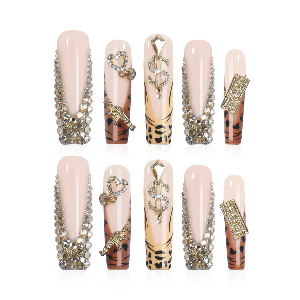 XGV Handmade Press-On Nails Long Square 10pcs – Pink Rhinestones, Reusable