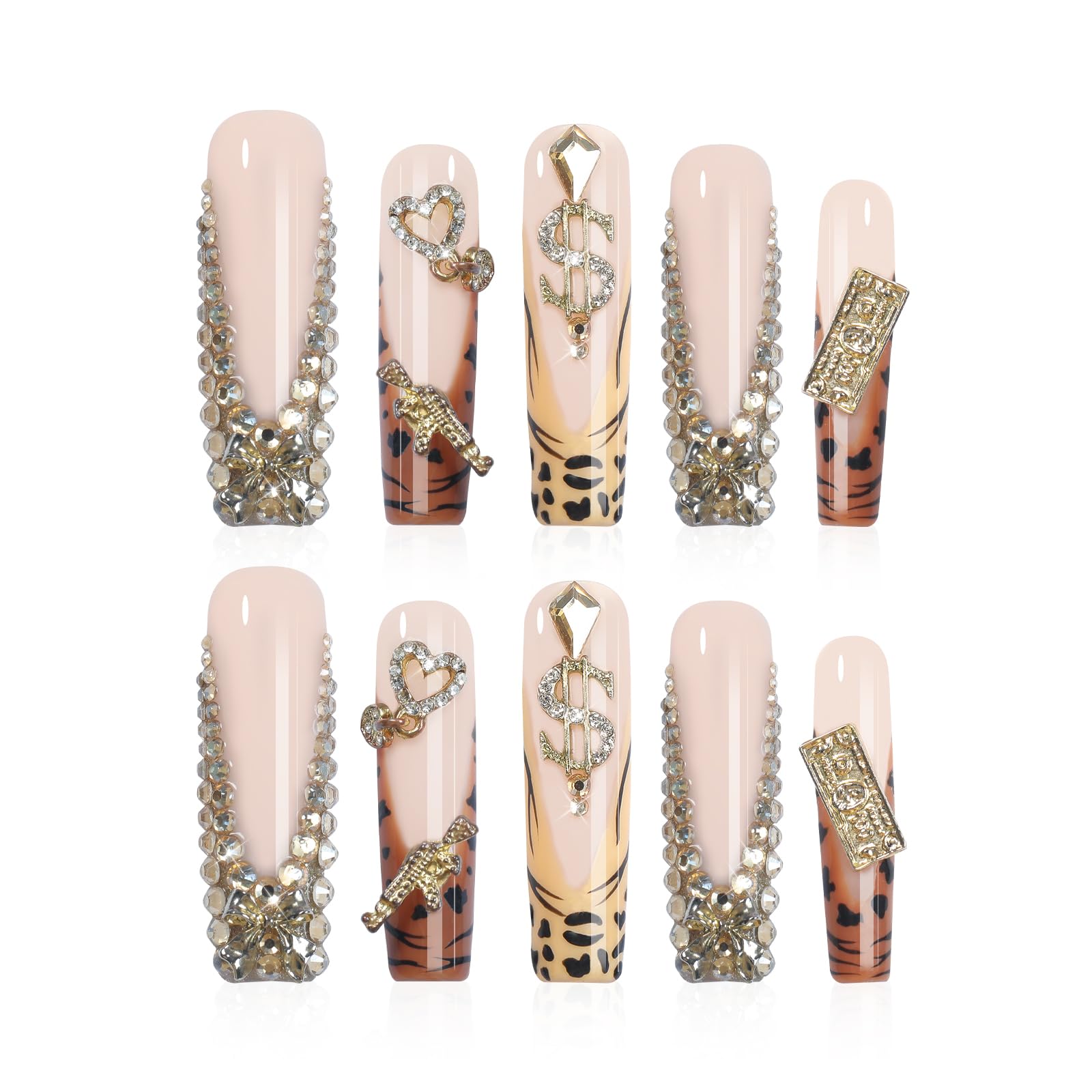 XGV Handmade Press-On Nails Long Square 10pcs – Pink Rhinestones, Reusable