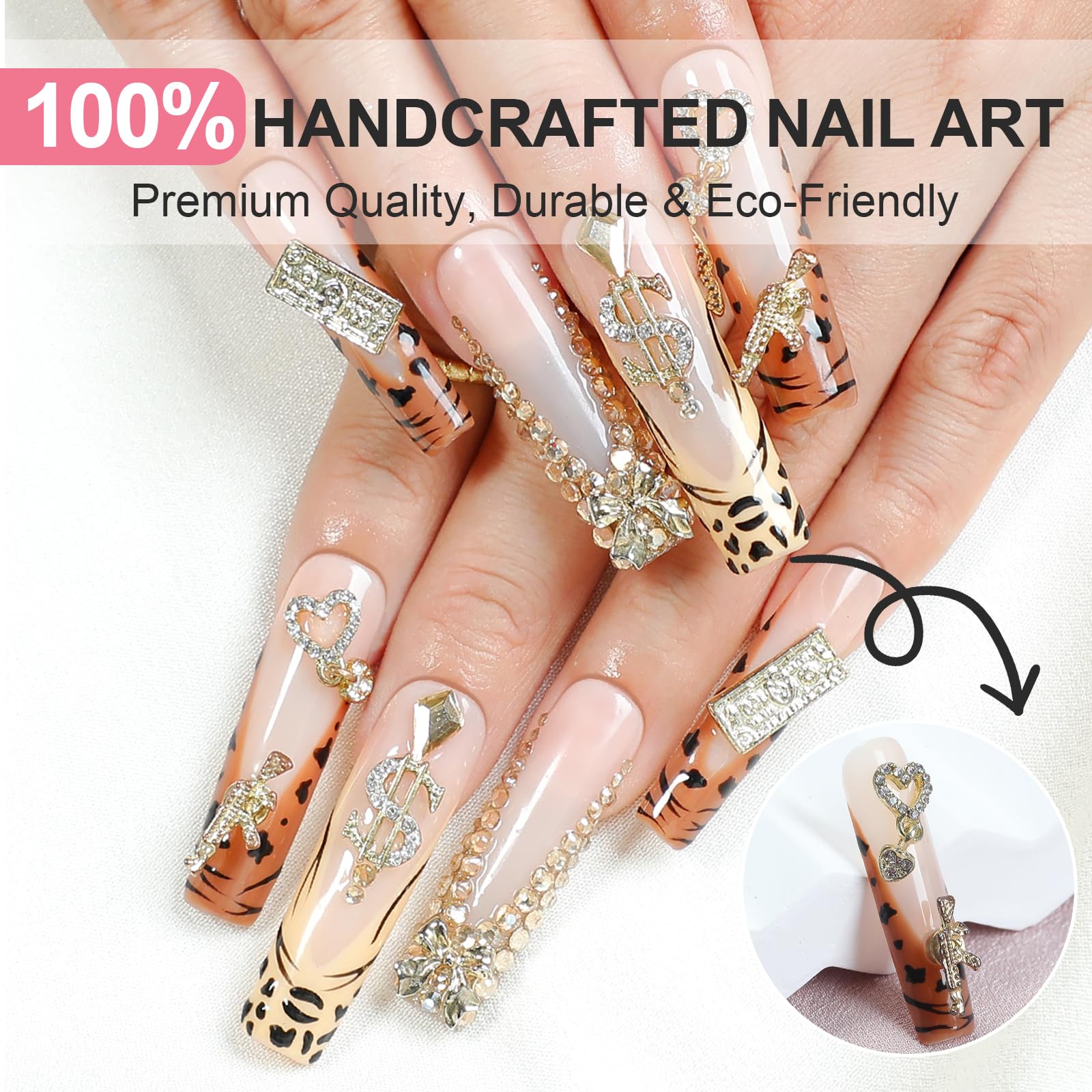 XGV Handmade Press-On Nails Long Square 10pcs – Pink Rhinestones, Reusable