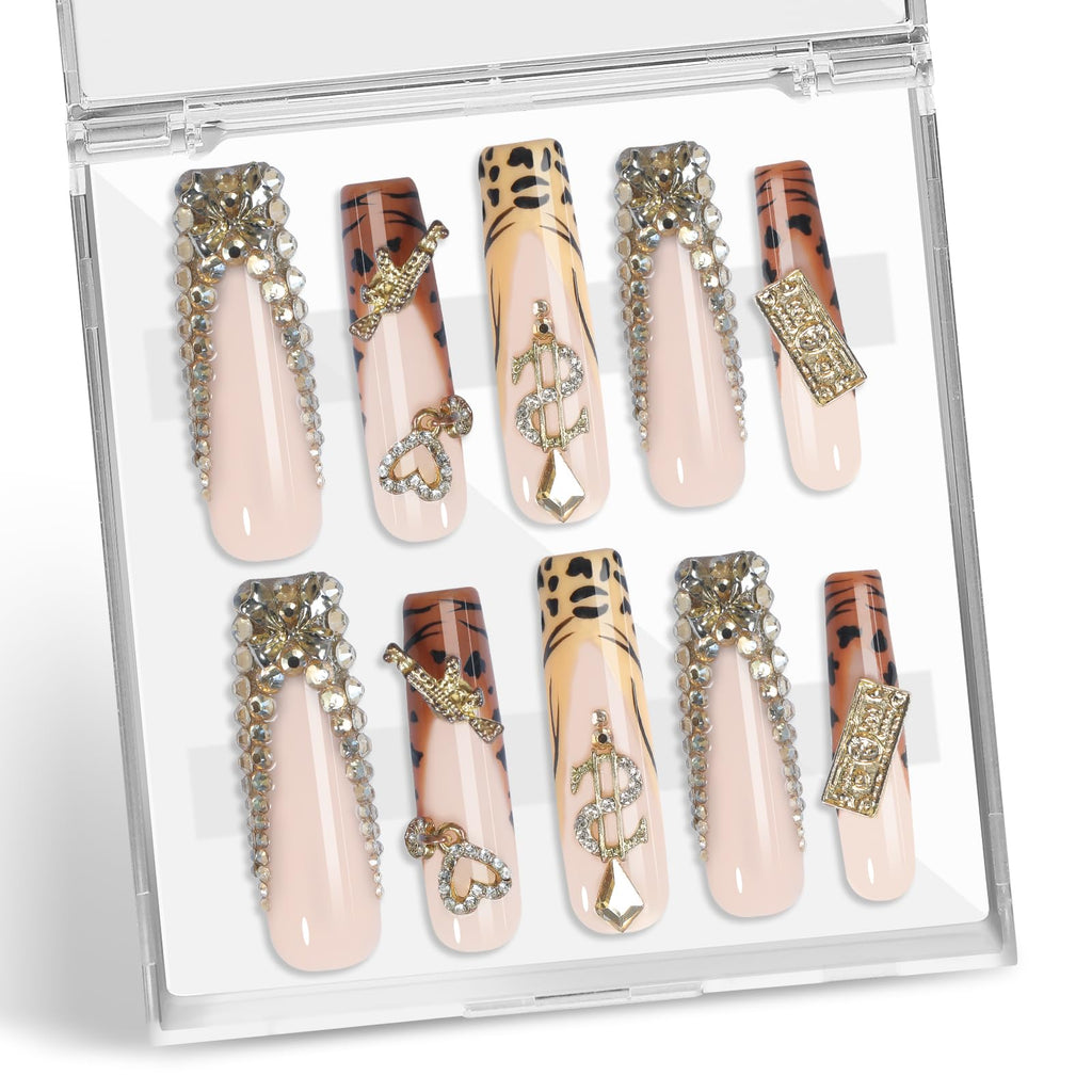 XGV Handmade Press-On Nails Long Square 10pcs – Pink Rhinestones, Reusable