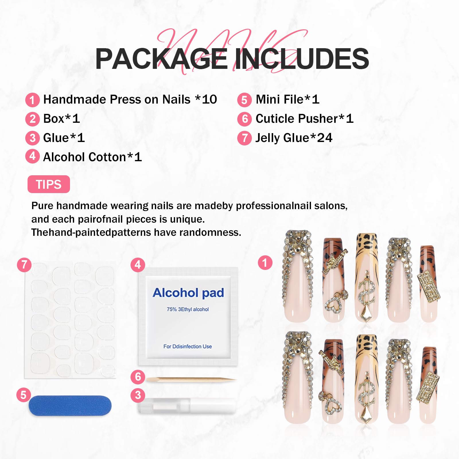 XGV Handmade Press-On Nails Long Square 10pcs – Pink Rhinestones, Reusable