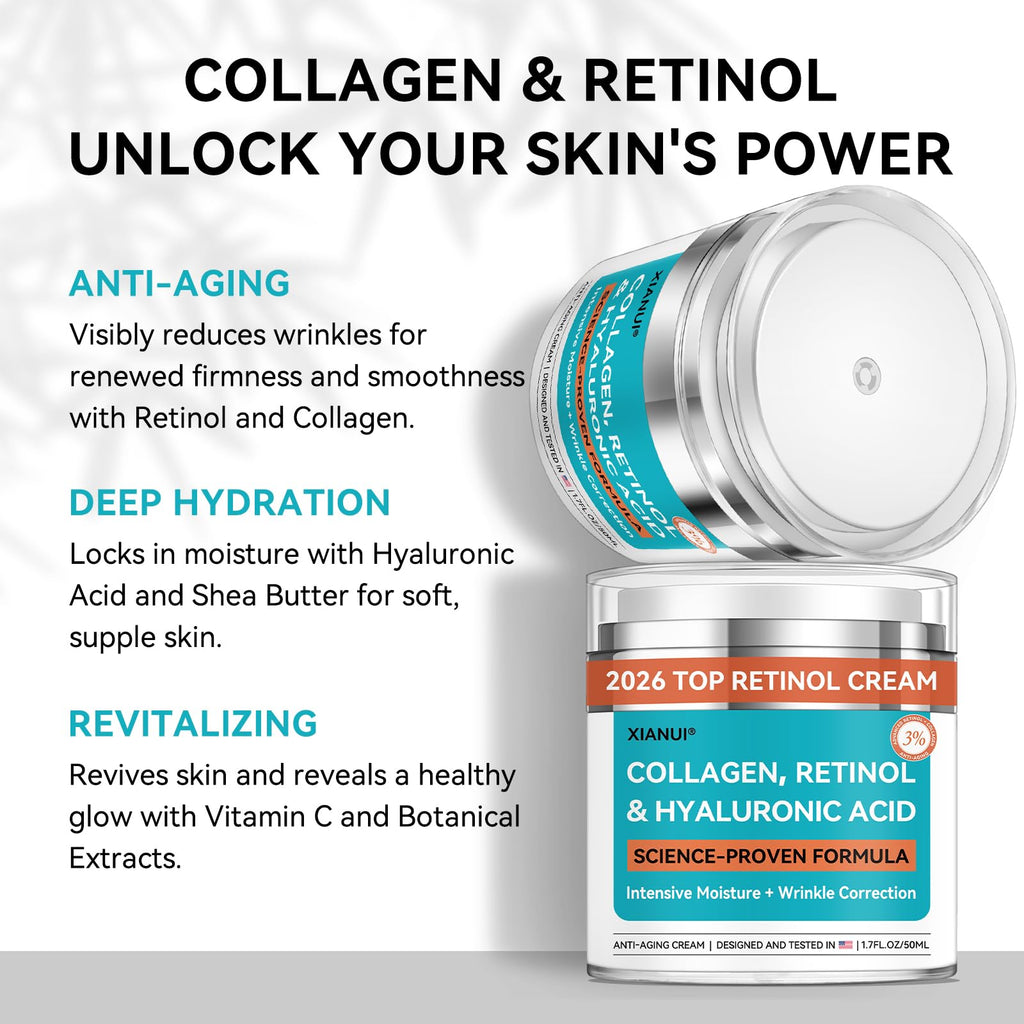 XIANUI Retinol Face Cream with Collagen & Hyaluronic Acid - Anti-Aging Moisturizer for All Skin Types (1.7 fl oz)