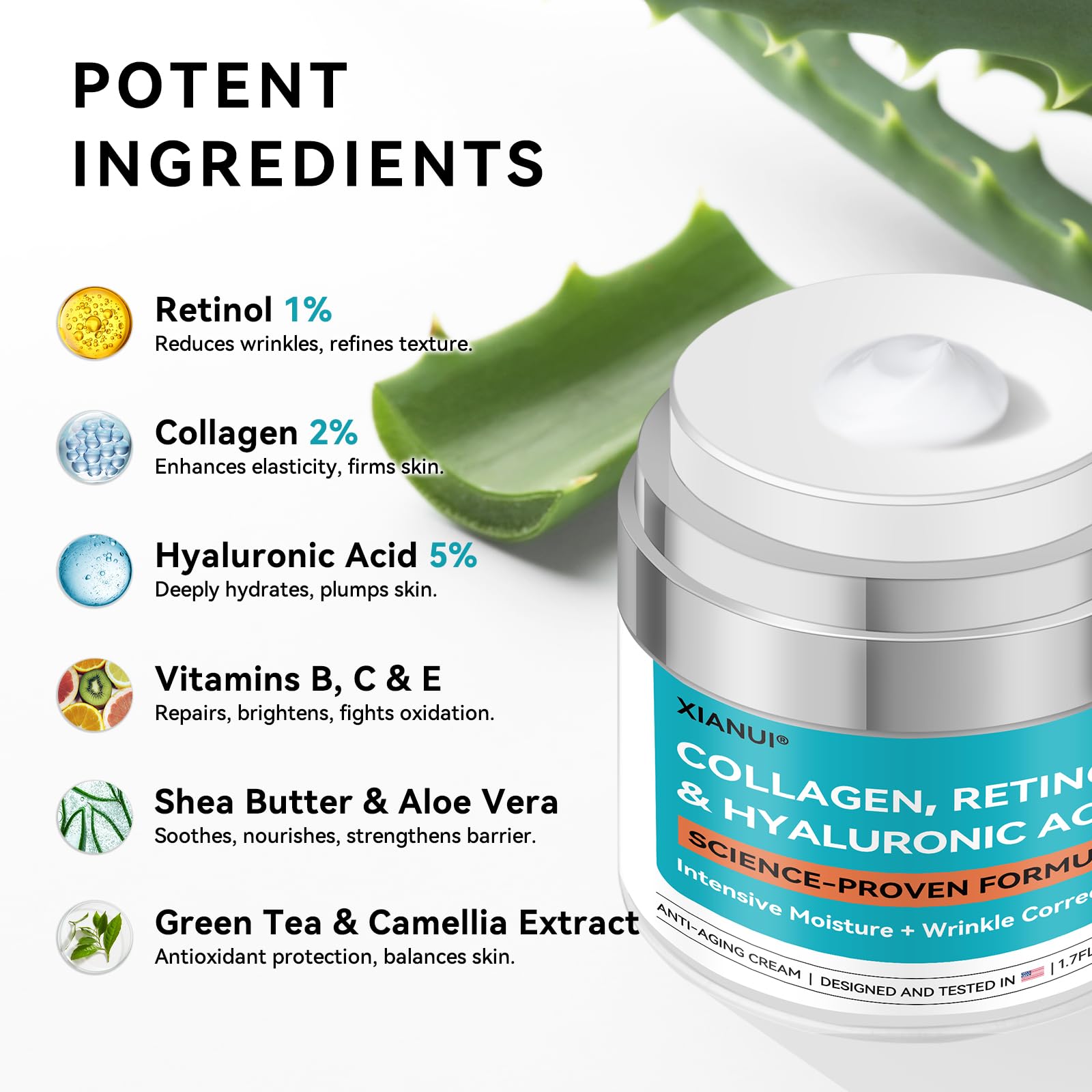 XIANUI Retinol Face Cream with Collagen & Hyaluronic Acid - Anti-Aging Moisturizer for All Skin Types (1.7 fl oz)