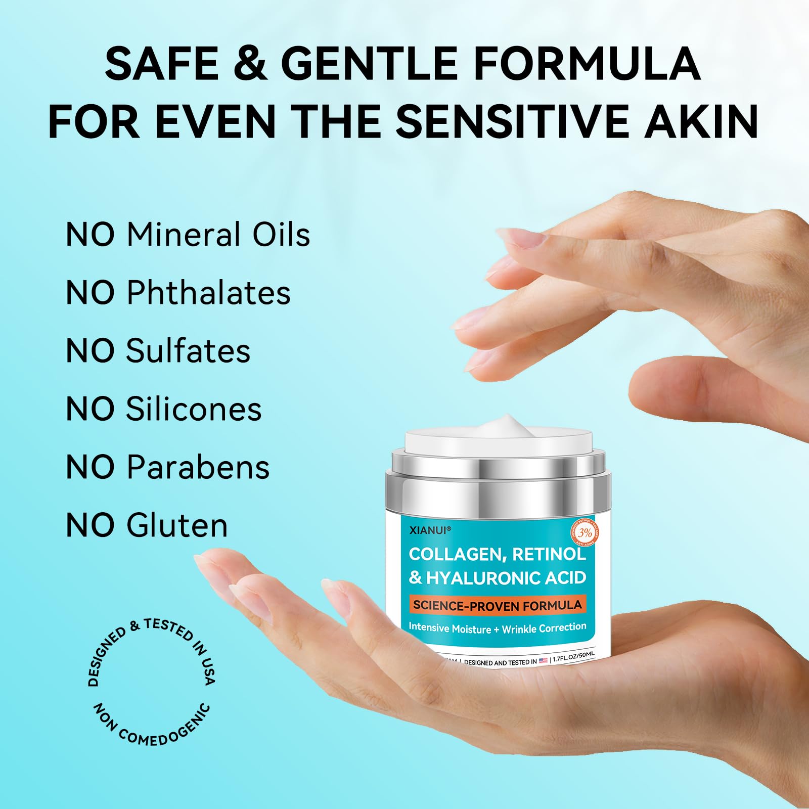 XIANUI Retinol Face Cream with Collagen & Hyaluronic Acid - Anti-Aging Moisturizer for All Skin Types (1.7 fl oz)