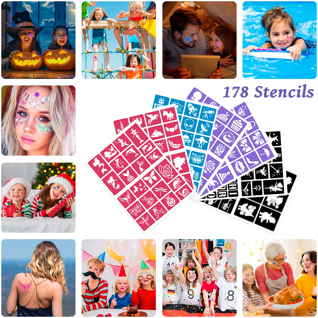 XiQiDianr Temporary Glitter Tattoos Kit for Kids – 48 Colors, 178 Stencils, 4 Glue, 5 Brushes