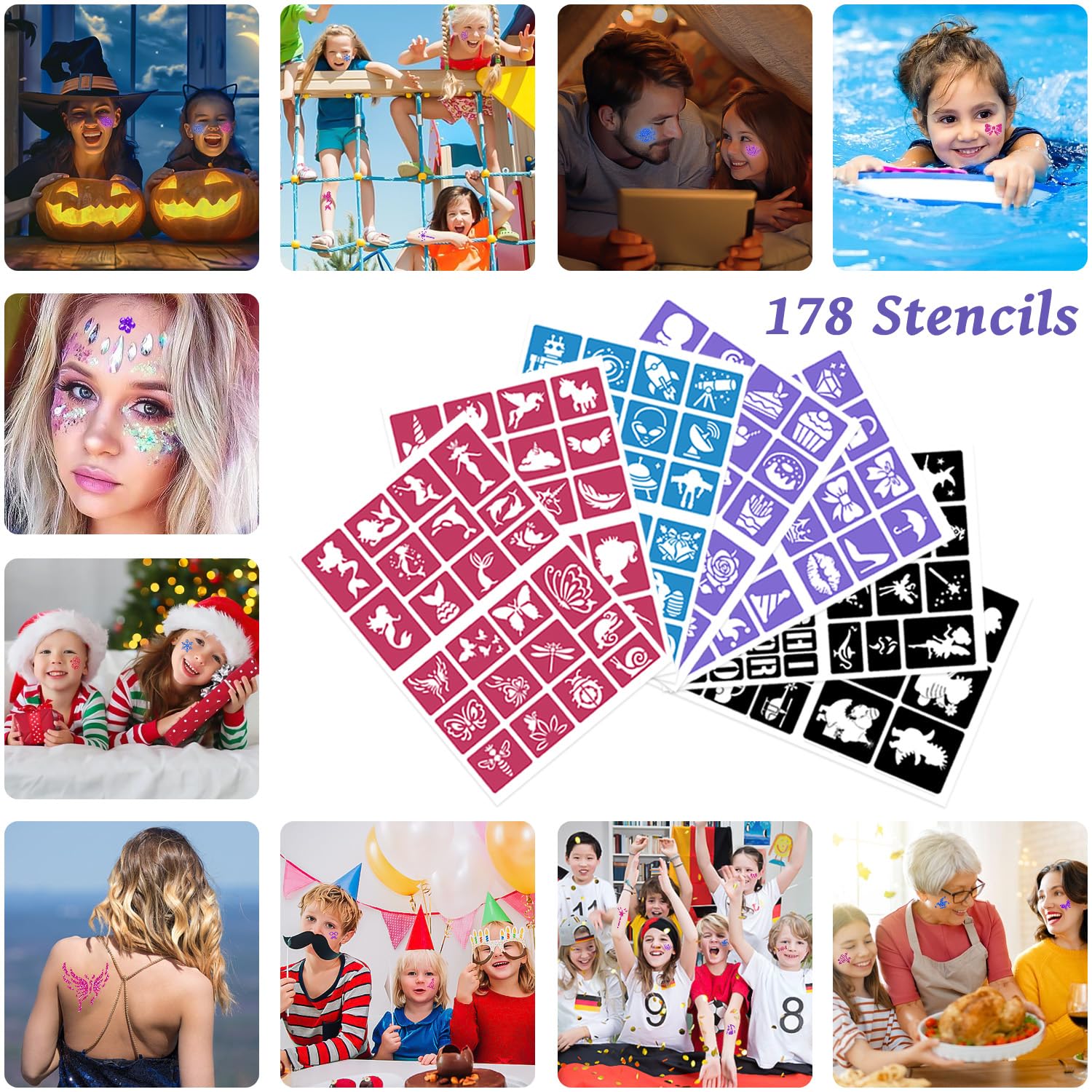 XiQiDianr Temporary Glitter Tattoos Kit for Kids – 48 Colors, 178 Stencils, 4 Glue, 5 Brushes