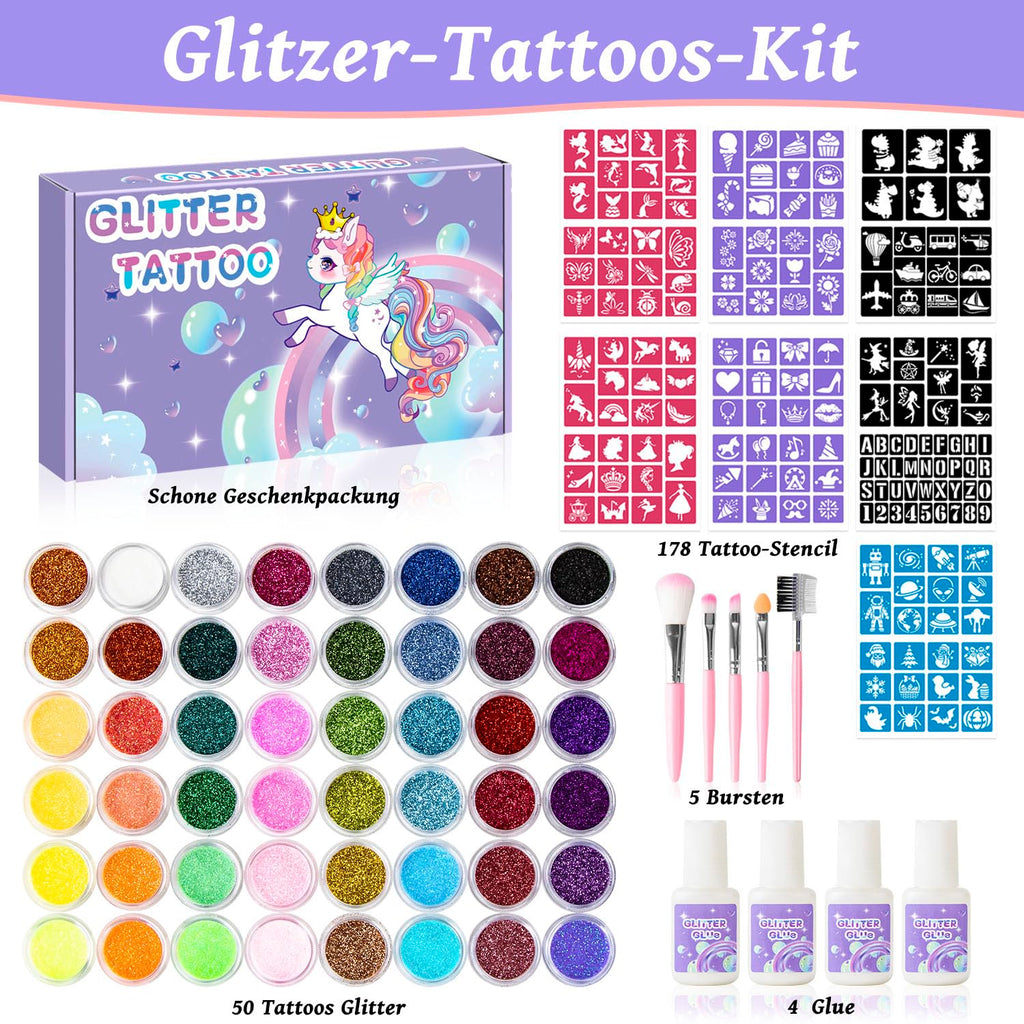 XiQiDianr Temporary Glitter Tattoos Kit for Kids – 48 Colors, 178 Stencils, 4 Glue, 5 Brushes
