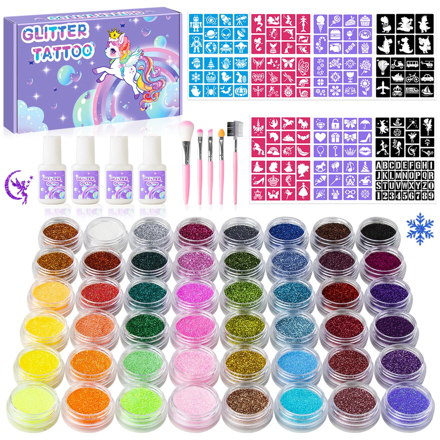 XiQiDianr Temporary Glitter Tattoos Kit for Kids – 48 Colors, 178 Stencils, 4 Glue, 5 Brushes