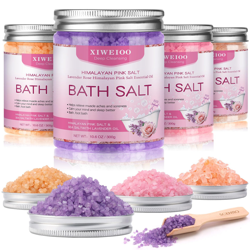 XIWEIOO 4 Pack Bath Salt Kit – Himalayan Pink Salt with Lavender, Orange & Rose Scents