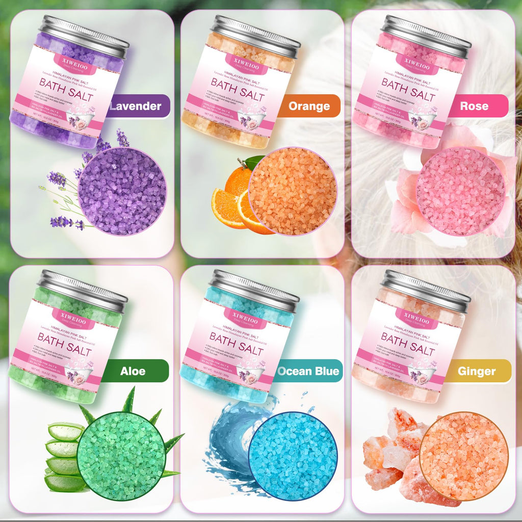 XIWEIOO 6 Pack Bath Salt Kit – Himalayan Pink Salt, Lavender, Orange & Rose Soaks