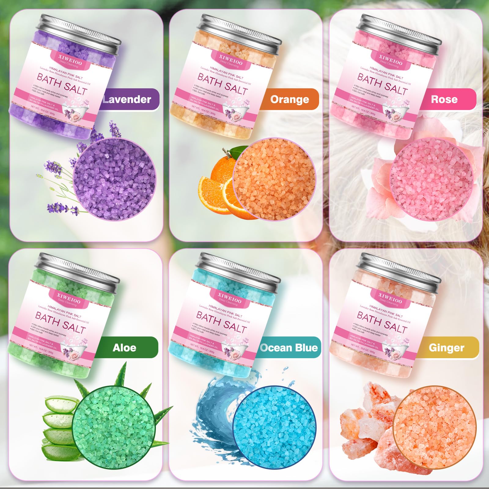 XIWEIOO 6 Pack Bath Salt Kit – Himalayan Pink Salt, Lavender, Orange & Rose Soaks