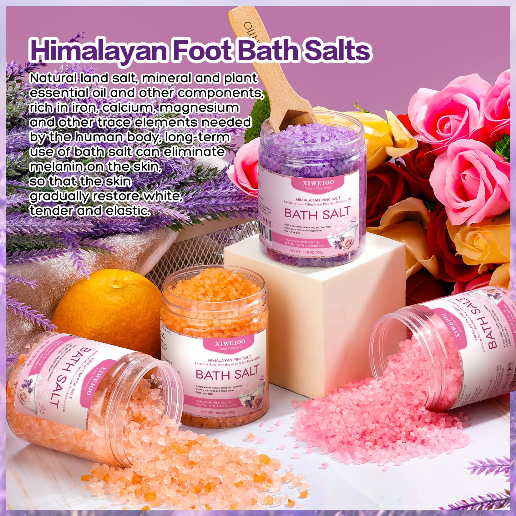 XIWEIOO 4 Pack Bath Salt Kit – Himalayan Pink Salt with Lavender, Orange & Rose Scents