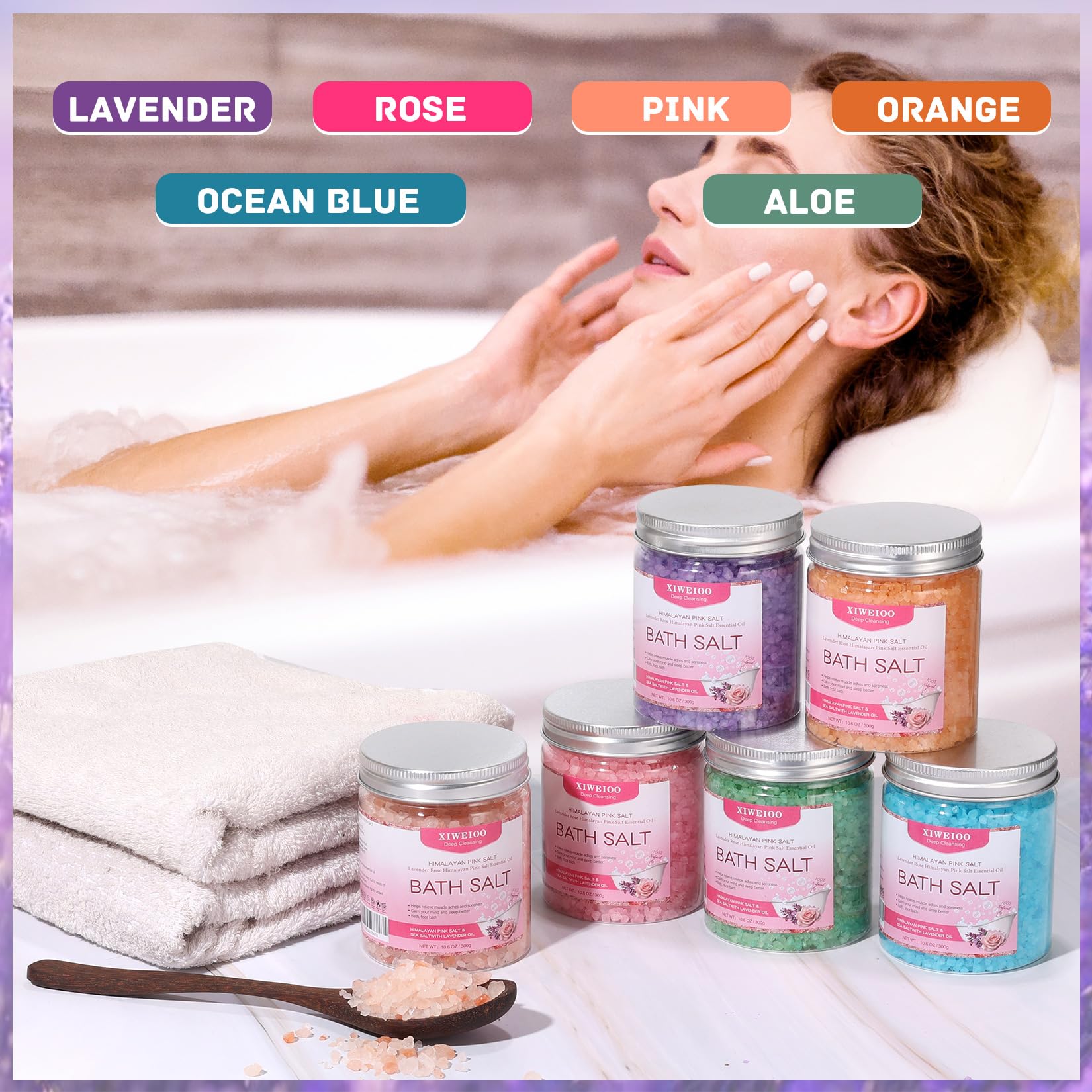 XIWEIOO 6 Pack Bath Salt Kit – Himalayan Pink Salt, Lavender, Orange & Rose Soaks