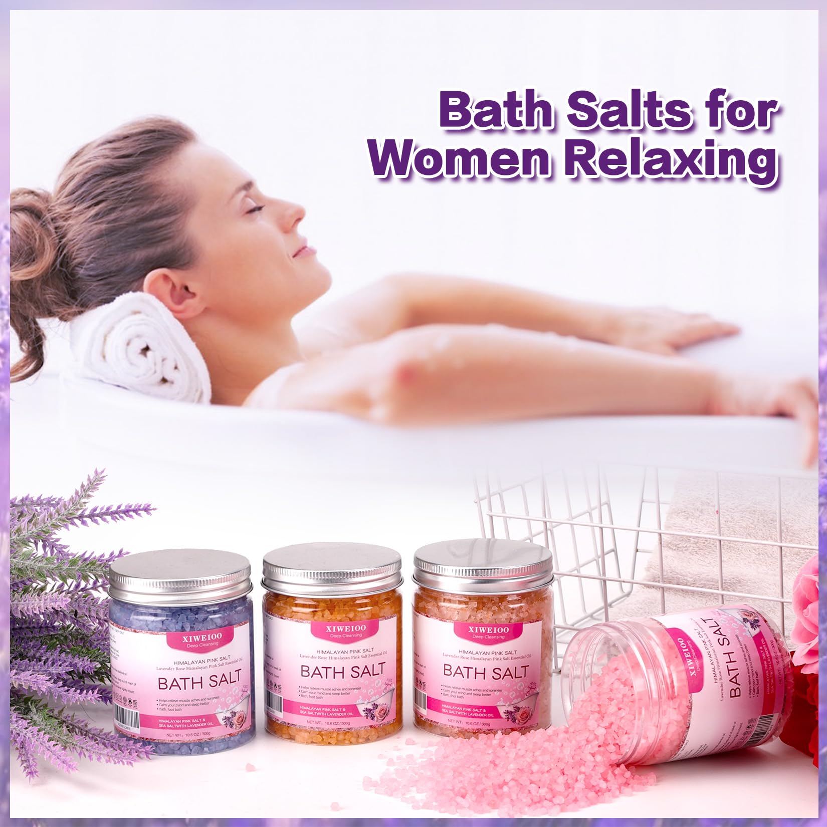 XIWEIOO 4 Pack Bath Salt Kit – Himalayan Pink Salt with Lavender, Orange & Rose Scents
