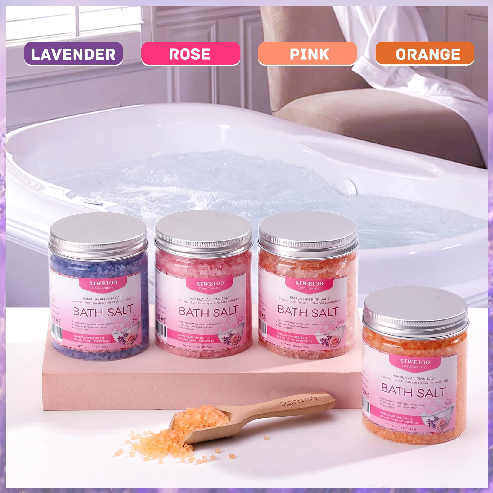 XIWEIOO 4 Pack Bath Salt Kit – Himalayan Pink Salt with Lavender, Orange & Rose Scents