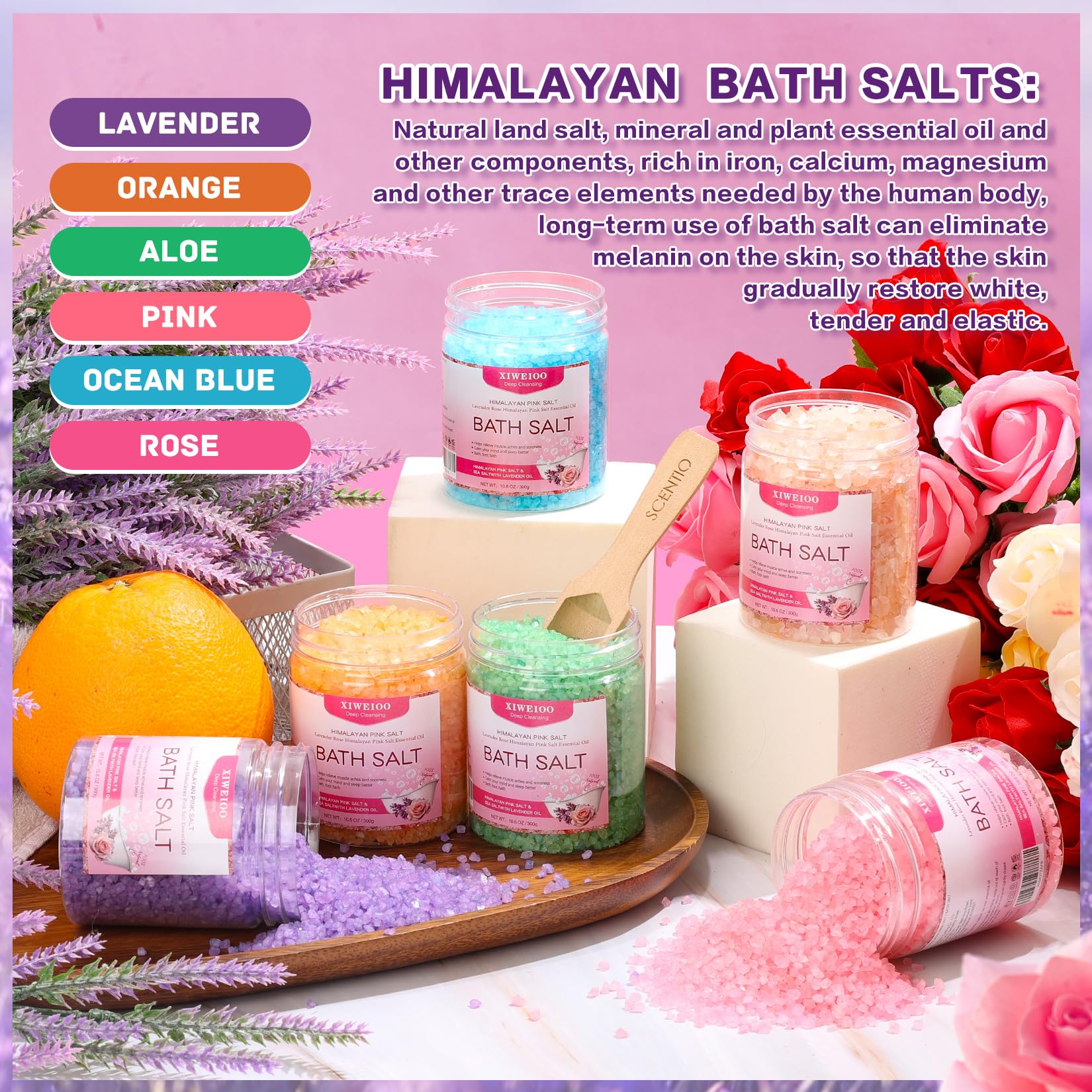 XIWEIOO 6 Pack Bath Salt Kit – Himalayan Pink Salt, Lavender, Orange & Rose Soaks