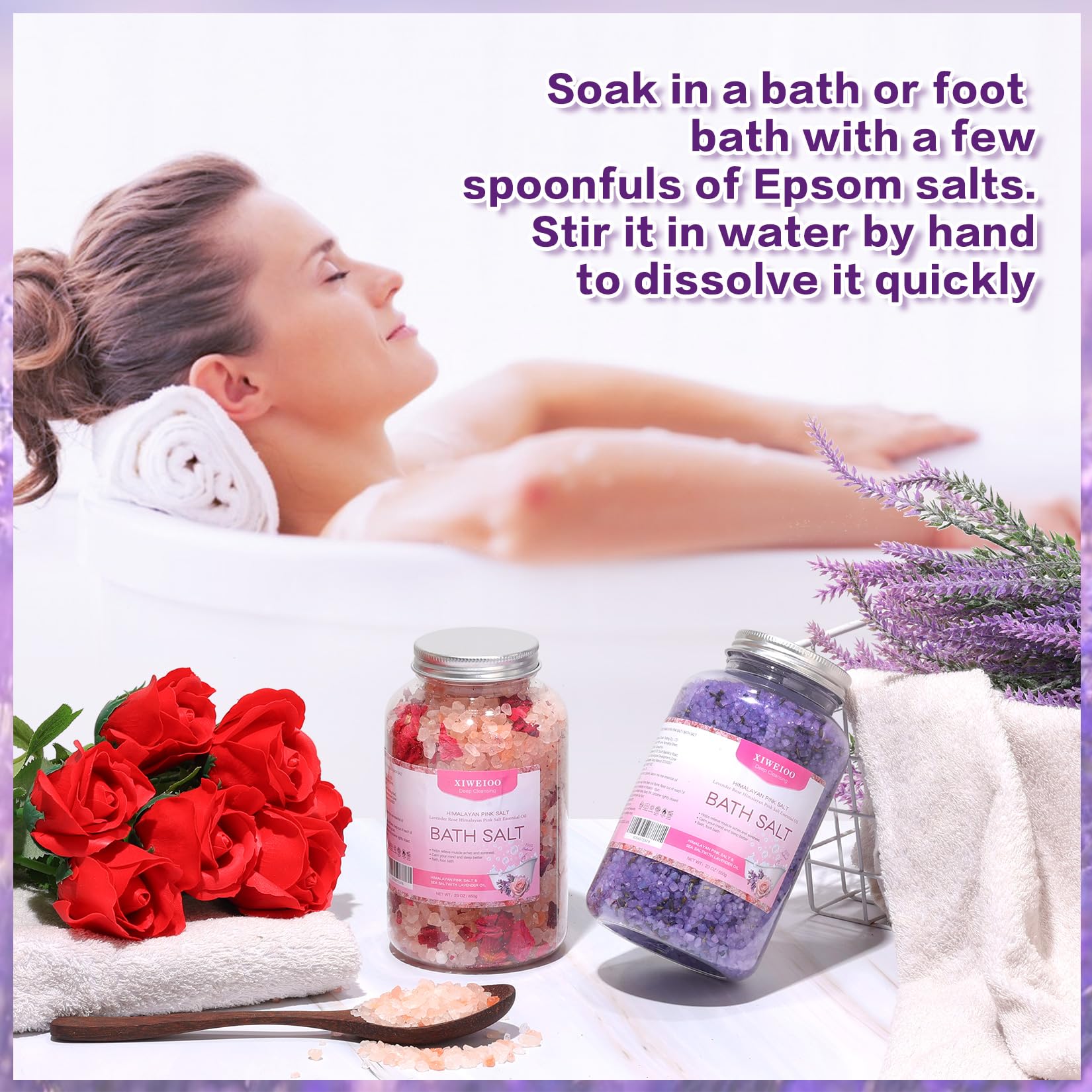 XIWEIOO Bath Salts Kit – Himalayan Pink Salt (46 oz) with Rose & Lavender Oils