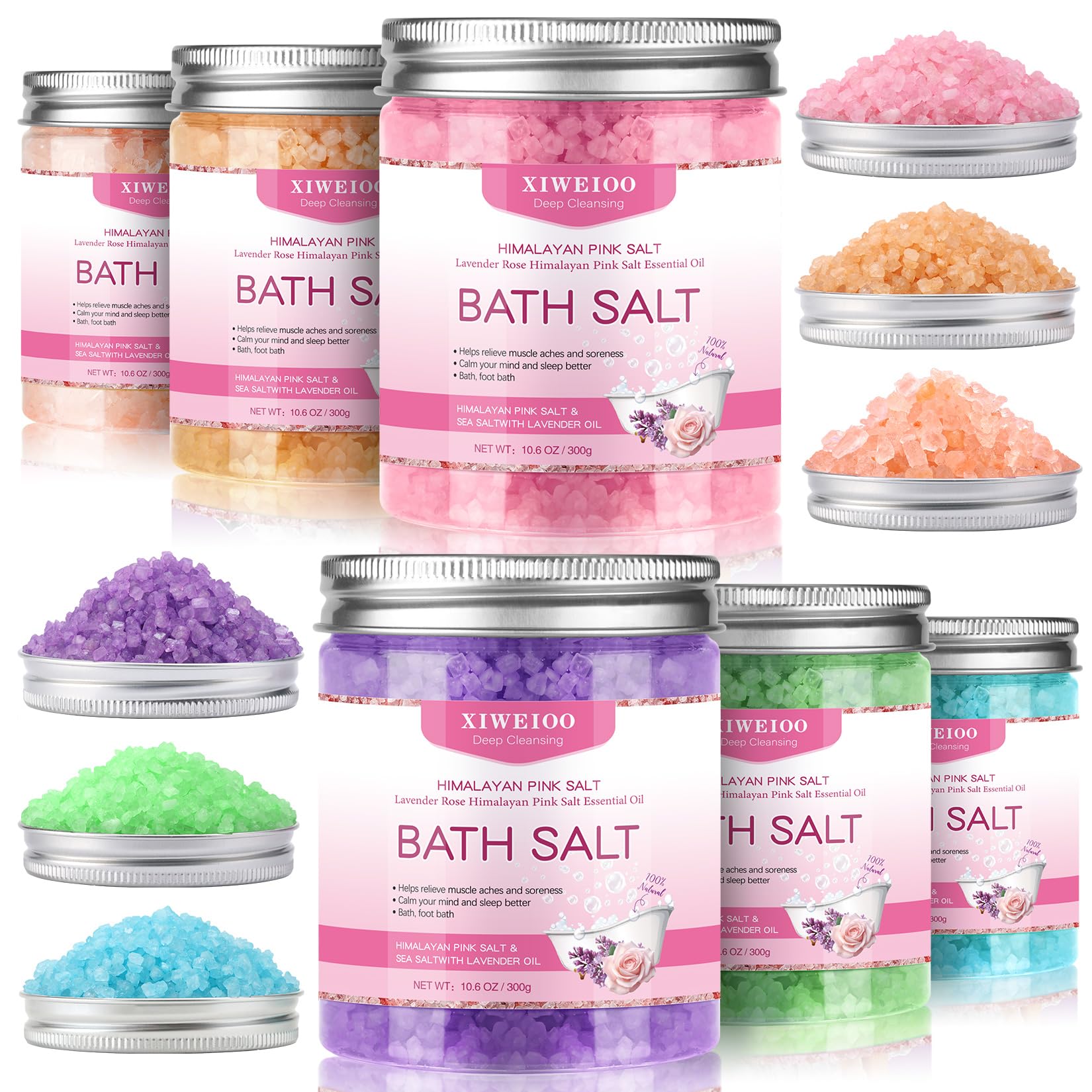 XIWEIOO 6 Pack Bath Salt Kit – Himalayan Pink Salt, Lavender, Orange & Rose Soaks