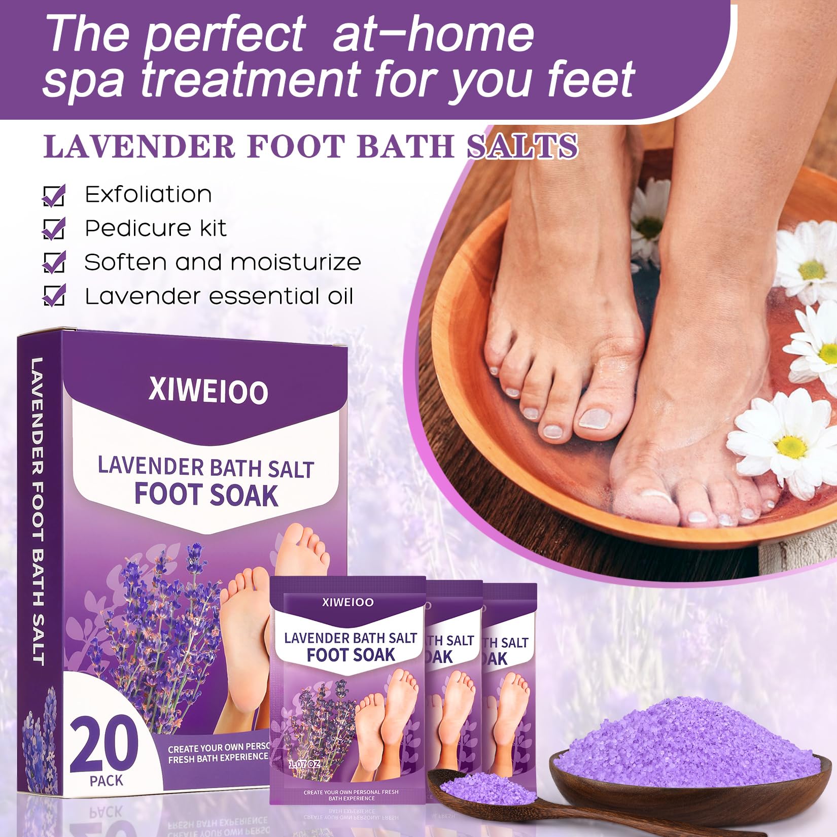 XIWEIOO Foot Soak Salt with Tea Tree Oil – Moisturize, Odor Control & Soothe Tired Feet