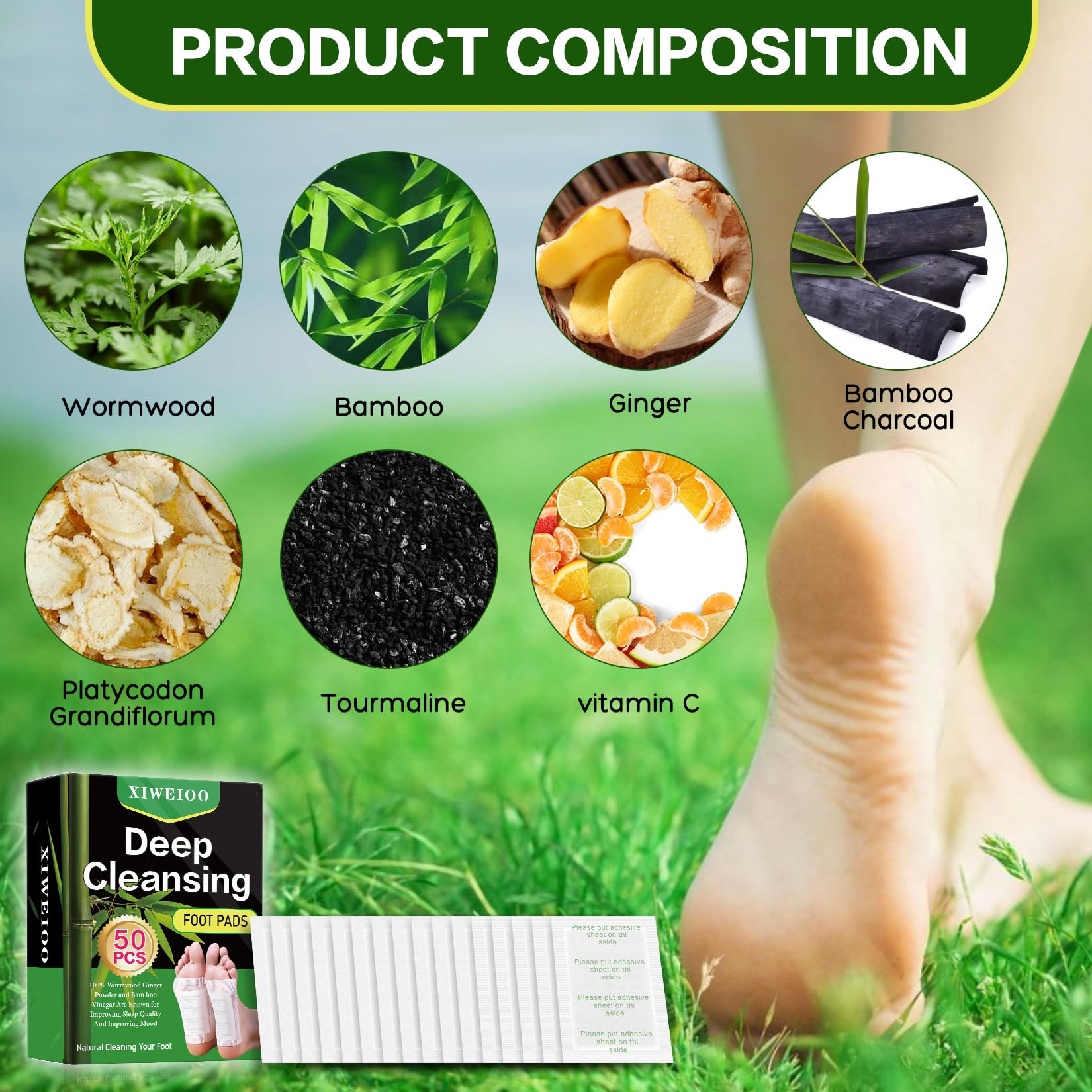xiweioo 50 Pack Foot Pads – Ginger, Wormwood, Bamboo Vinegar & Charcoal for Deep Cleansing and Relaxation