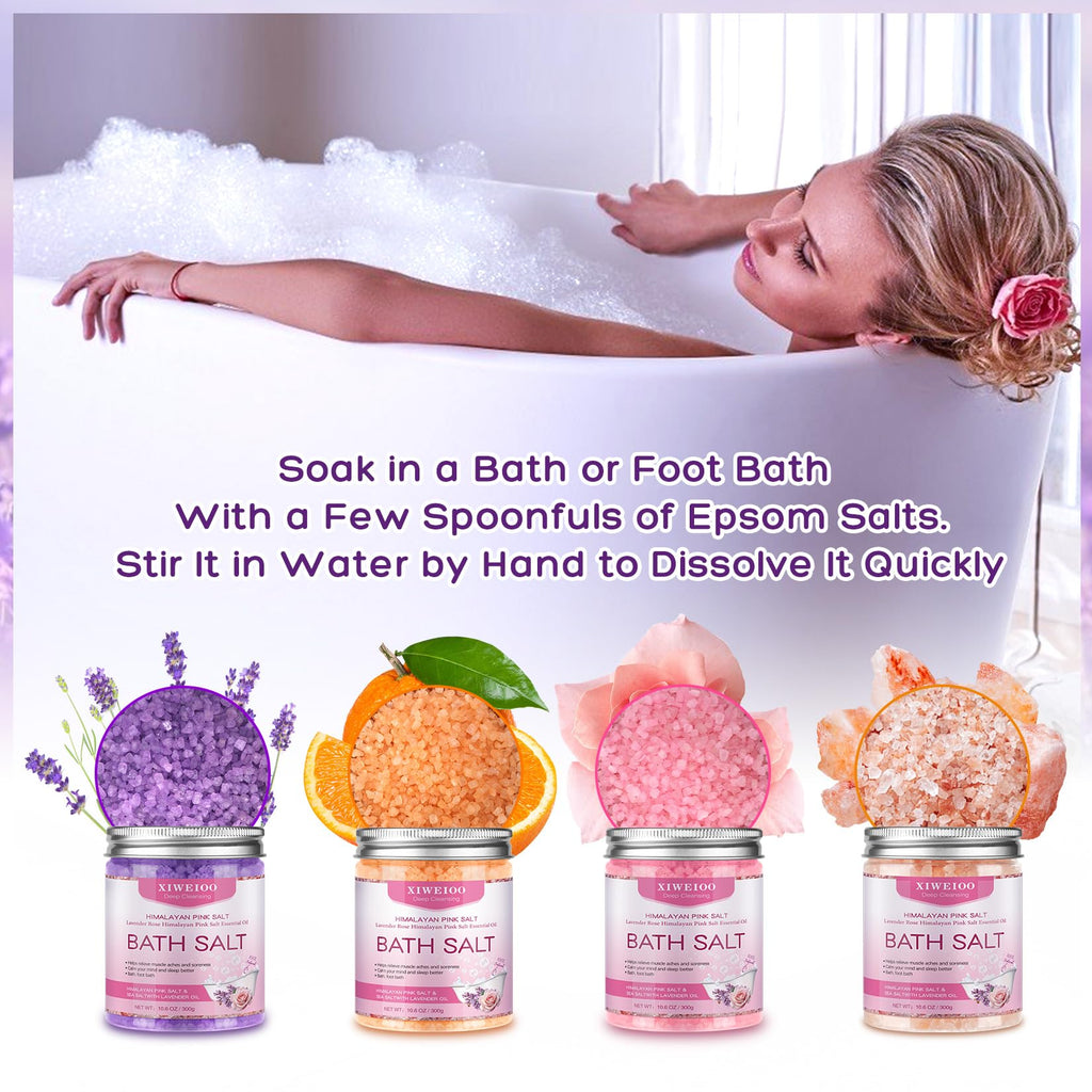 XIWEIOO 4 Pack Bath Salt Kit – Himalayan Pink Salt with Lavender, Orange & Rose Scents