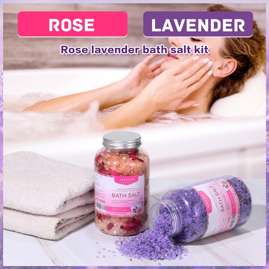 XIWEIOO Bath Salts Kit – Himalayan Pink Salt (46 oz) with Rose & Lavender Oils