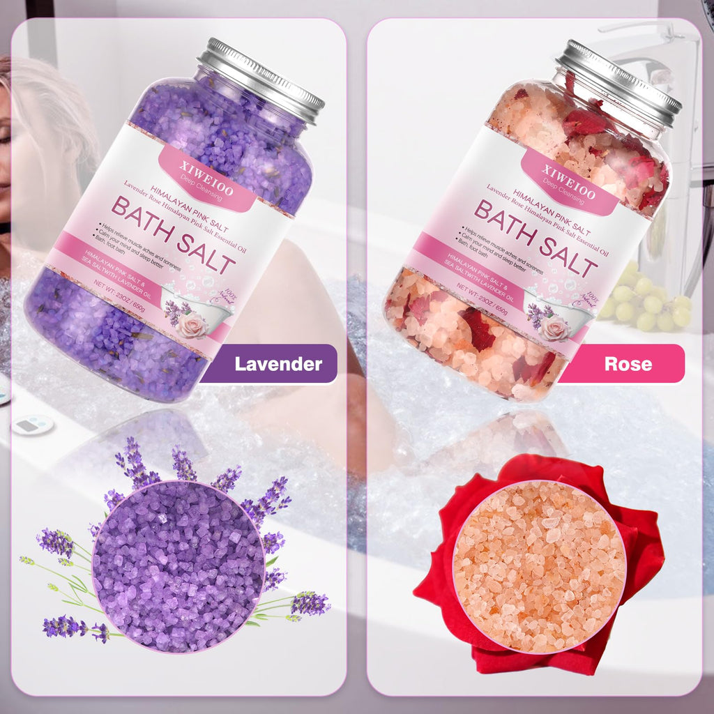XIWEIOO Bath Salts Kit – Himalayan Pink Salt (46 oz) with Rose & Lavender Oils