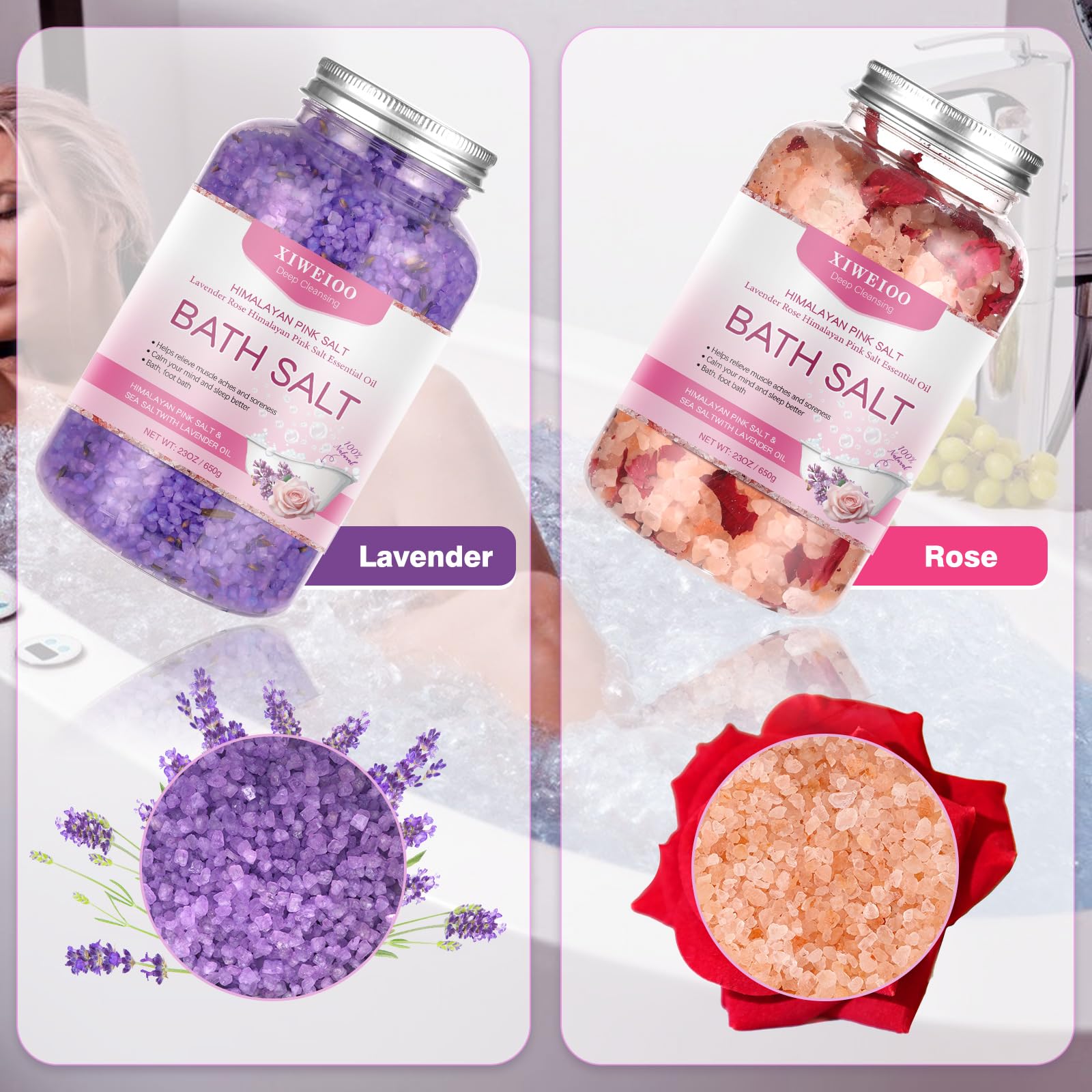 XIWEIOO Bath Salts Kit – Himalayan Pink Salt (46 oz) with Rose & Lavender Oils