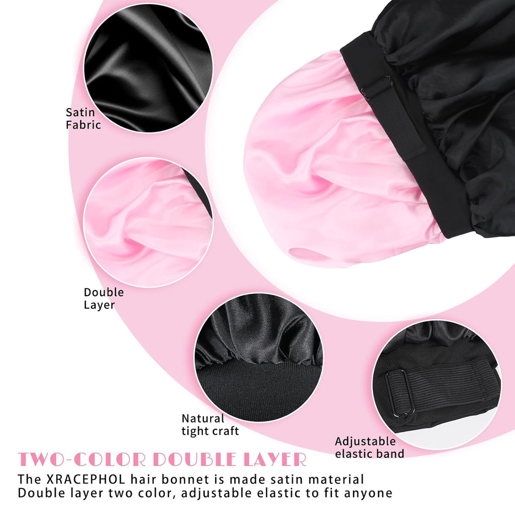 XRACEPHOL 2-Piece Satin Silk Sleep Bonnet – Double Layer, Adjustable, Pink & Teal