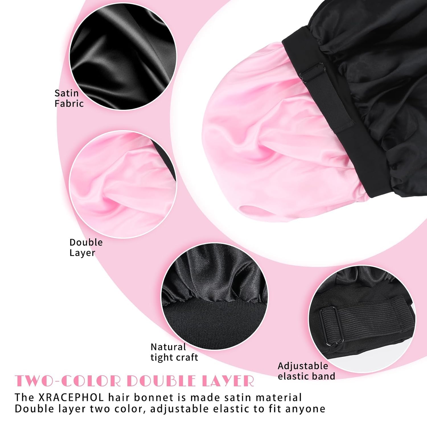 XRACEPHOL 2-Piece Satin Silk Sleep Bonnet – Double Layer, Adjustable, Pink & Teal
