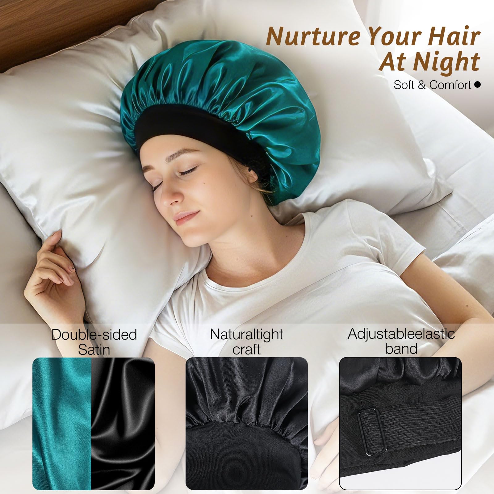 XRACEPHOL 2-Piece Satin Silk Sleep Bonnet – Double Layer, Adjustable, Pink & Teal