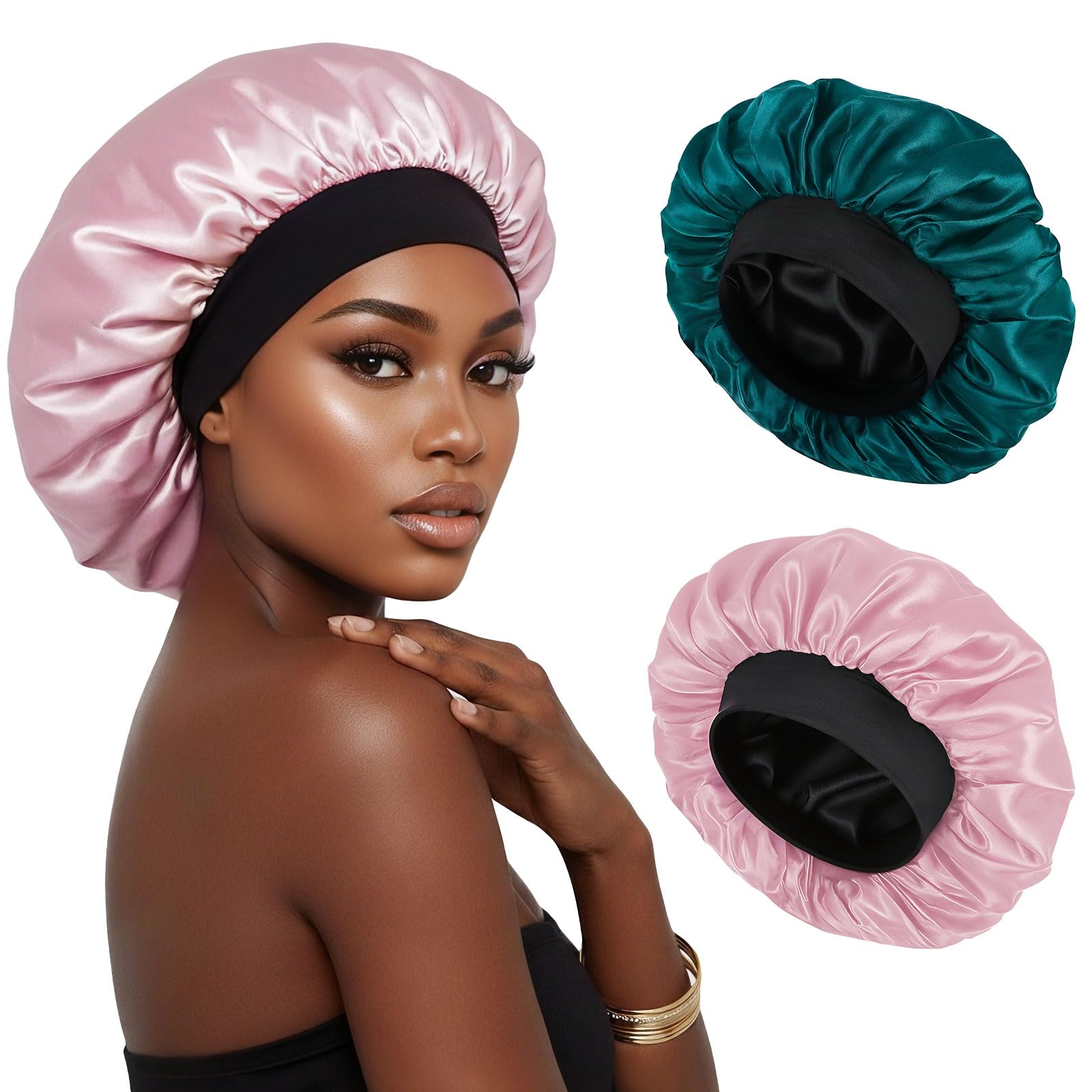 XRACEPHOL 2-Piece Satin Silk Sleep Bonnet – Double Layer, Adjustable, Pink & Teal