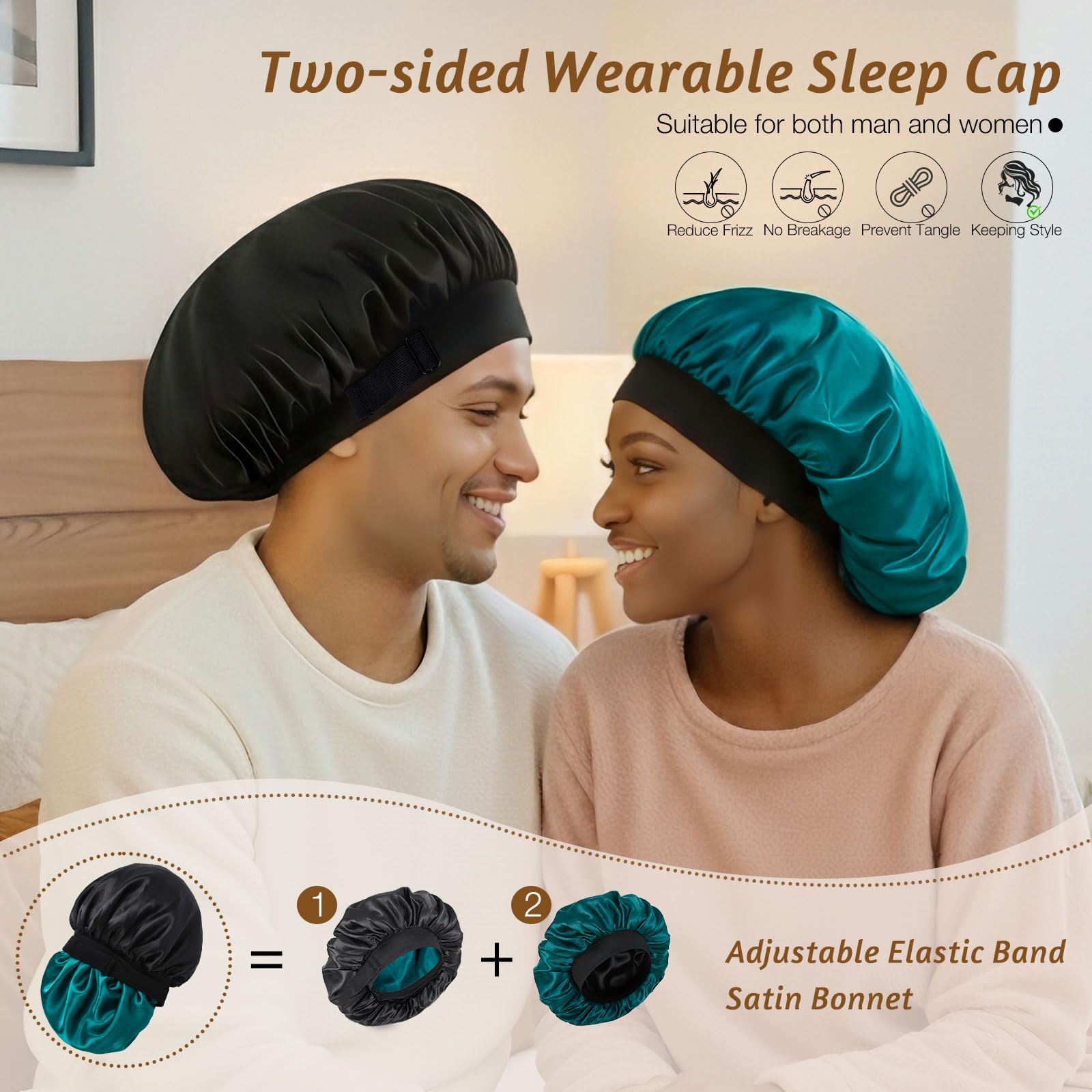 XRACEPHOL 2-Piece Satin Silk Sleep Bonnet – Double Layer, Adjustable, Pink & Teal