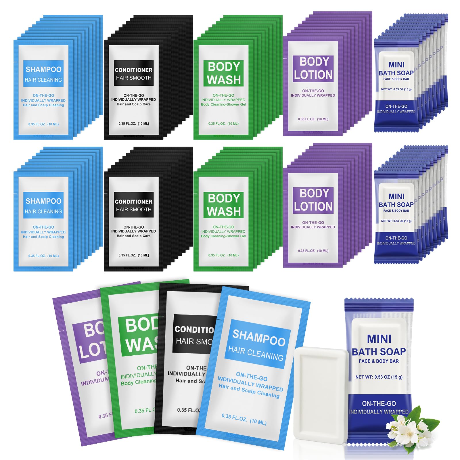 Xuezoioy 100 Pcs 5-in-1 Hotel Toiletries Bulk Set – Travel-Sized Shampoo, Conditioner, Body Wash, Lotion & Soap