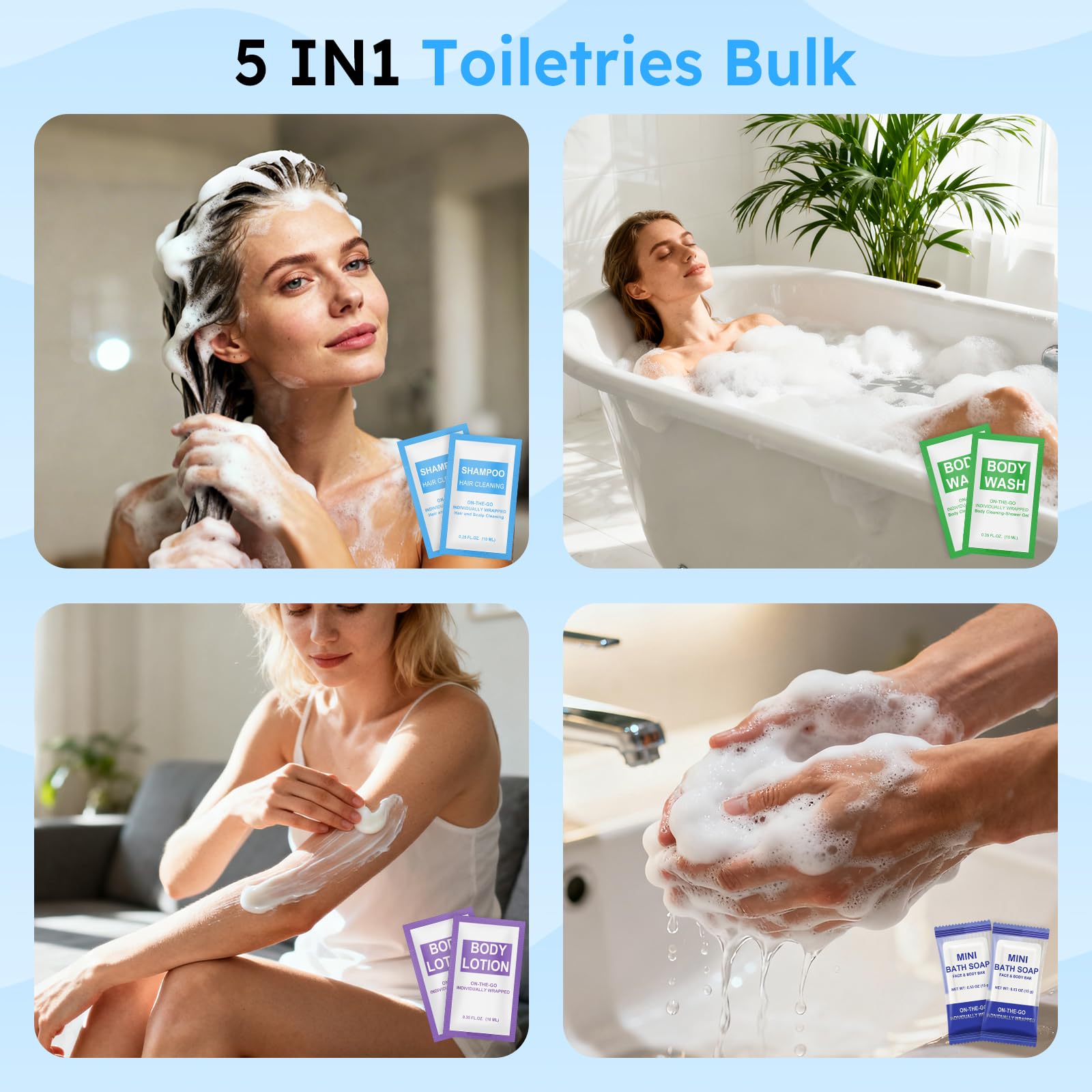 Xuezoioy 100 Pcs 5-in-1 Hotel Toiletries Bulk Set – Travel-Sized Shampoo, Conditioner, Body Wash, Lotion & Soap