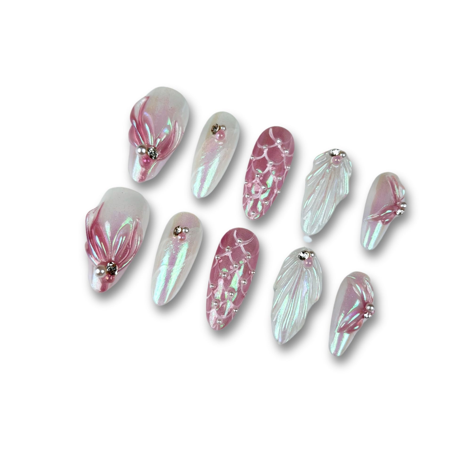 Yabonica 10PCS Handmade 3D Almond Press-On Nails Kit – Cat Eye, Thick Acrylic, Reusable Gel Tips