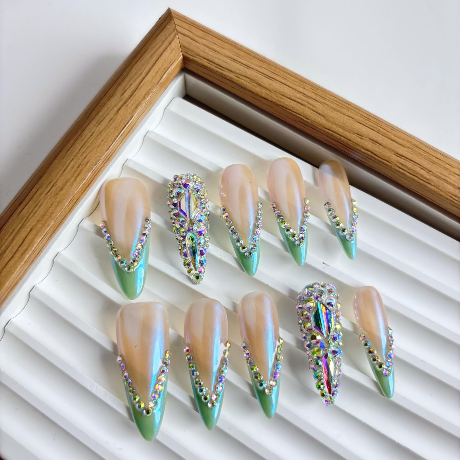 Yabonica French Tip Press On Nails – Long Stiletto, 10 Pcs, Handmade Acrylic
