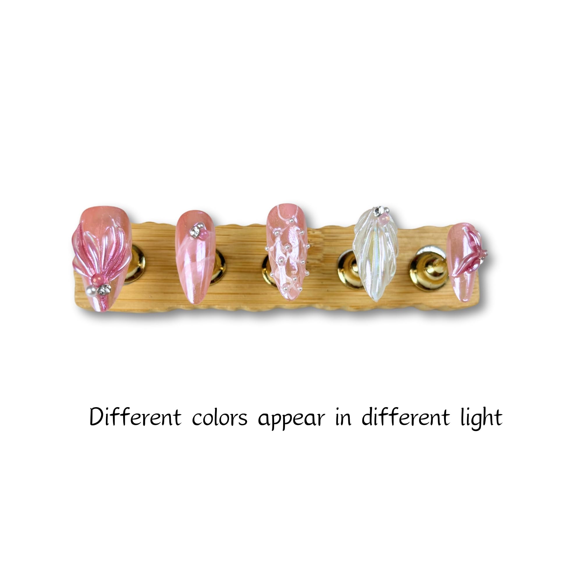 Yabonica Handmade Pearl Press On Nails – Medium Almond, 10 Pcs Pink & White with Hand-Painted 3D Design
