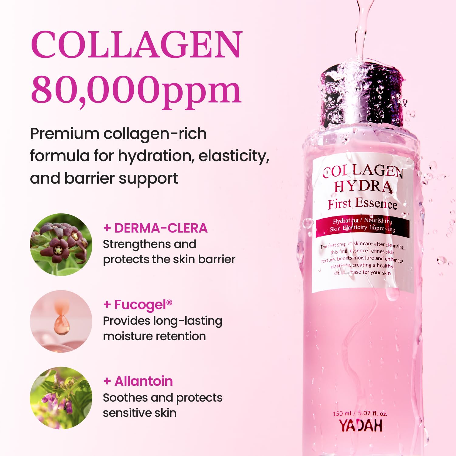 YADAH Collagen Hydra Essence – Deep Hydration & Soothing with 80,000ppm Collagen + Triple Hyaluronic Acid, 5.07 fl oz