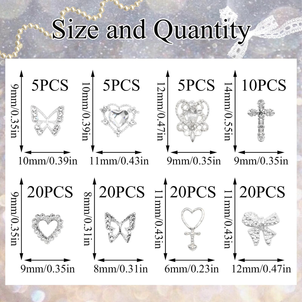 YAEISM 105PCS Silver Nail Charms – 3D Bows, Hearts, Butterflies & Crosses for Nail Art