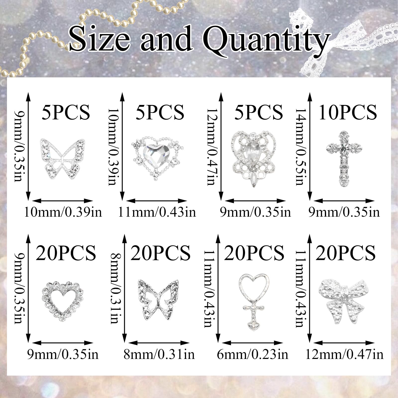 YAEISM 105PCS Silver Nail Charms – 3D Bows, Hearts, Butterflies & Crosses for Nail Art
